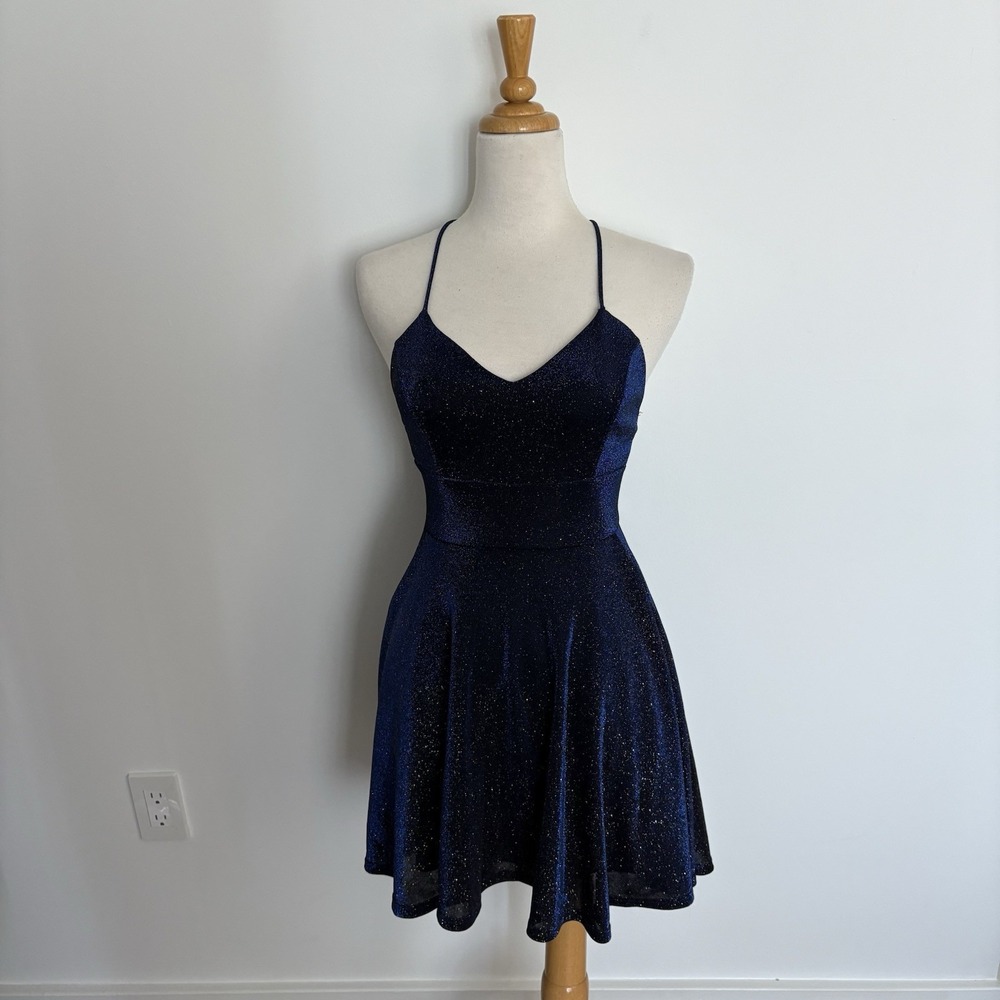 Windsor Womens Dress Size XS Navy Blue Glitter Mini Length Party Cocktail Prom